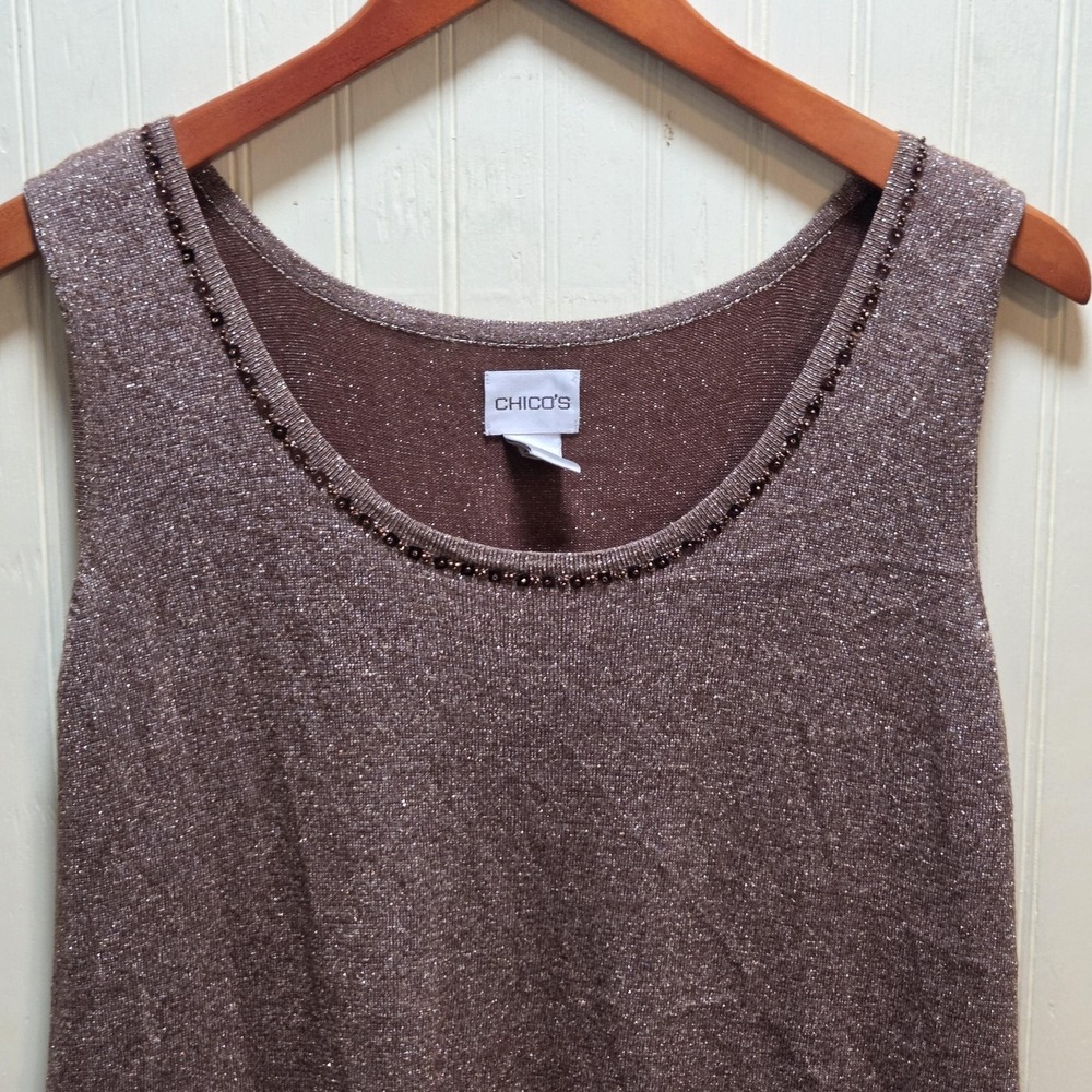 Chico's Tank Top Womens 3 Brown Metallic Beaded Scoop Neck Knit Sparkle Top